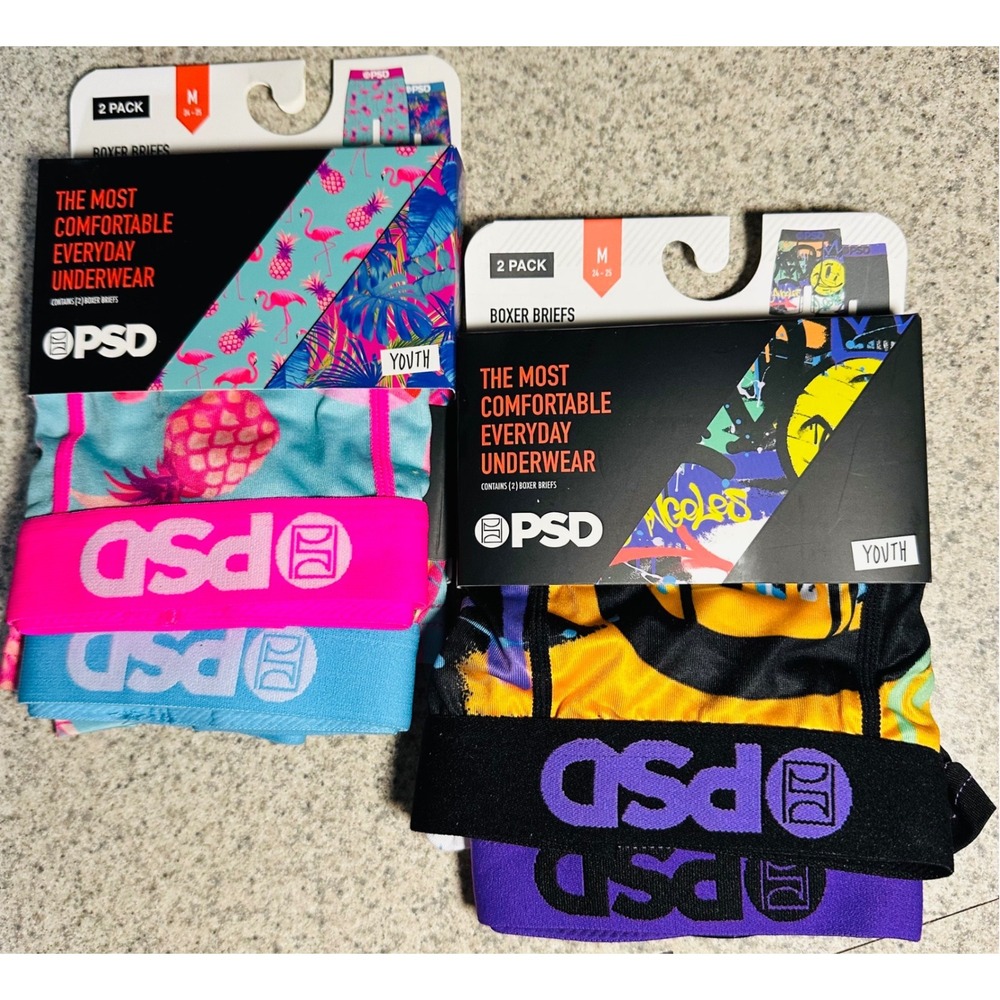 PSD Boxer Briefs Youth Boys Medium 4 Pairs Tropical Graffiti Underwear New